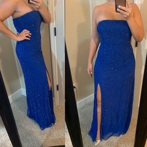 Strapless blue Adrianna Pappell beaded gown